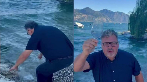 Un primar din Italia a băut apă direct dintr-un lac pentru a le arăta turiștilor că nu este infestată/ Foto: Captură video Facebook