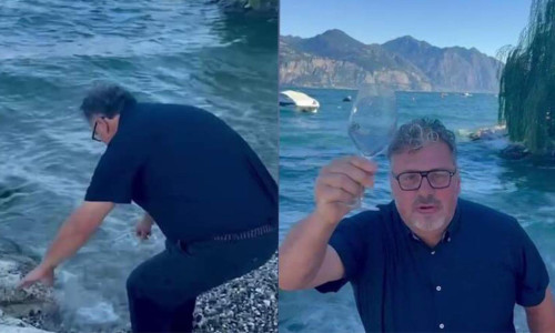 Un primar din Italia a băut apă direct dintr-un lac pentru a le arăta turiștilor că nu este infestată/ Foto: Captură video Facebook