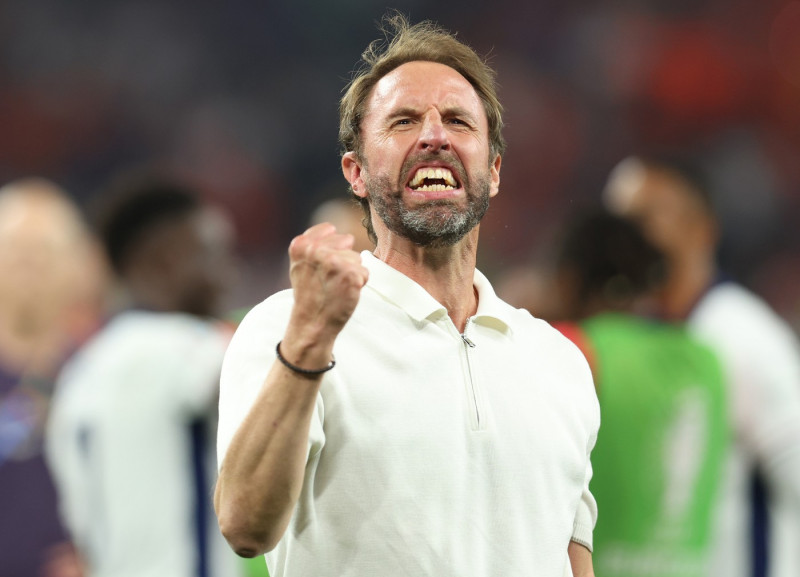 July 10, 2024, Dortmund: Dortmund, Germany, 10th July 2024. Gareth Southgate manager of England celebrates after the UEFA European Championships semi final match at BVB Stadion, Dortmund.,Image: 888934912, License: Rights-managed, Restrictions: * United Kingdom Rights OUT *, Model Release: no