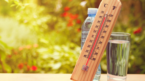 Thermometer,On,Summer,Day,Showing,High,Temperature,Near,45,Degrees