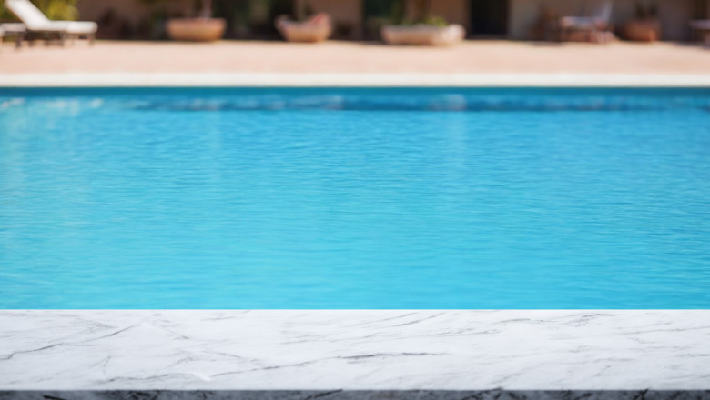 Stone,Board,Empty,Table,Background.,Abstract,Blurred,Swimming,Pool,Background