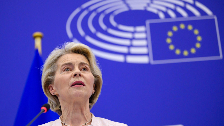 Politikerin Ursula von der Leyen CDU nach ihrer Wiederwahl zur EU-Kommissionsprsidentin im EU-Parlament in Straburg. Straburg, 18.07.2024 Grand Est Frankreich *** Politician Ursula von der Leyen CDU after her re-election as EU Commission President in the