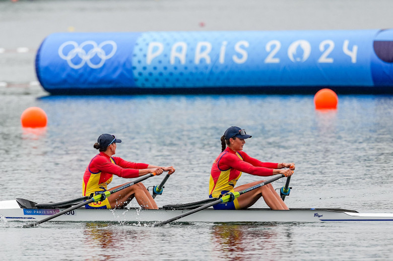 Paris, France. 27th July, 2024. PARIS, FRANCE - JULY 27: Ancuta Bodnar of Romania and Simona Radis of Romania competing in the Women's Double Sculls Heats during Day 1 of Rowing - Olympic Games Paris 2024 at Vaires-Sur-Marne Nautical Stadium on July 27, 2