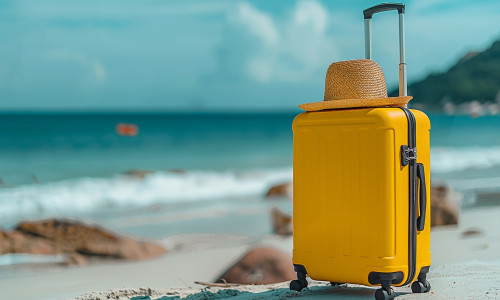 Ready,For,A,Summer,Vacation.,Yellow,Suitcase,At,The,Tropical
