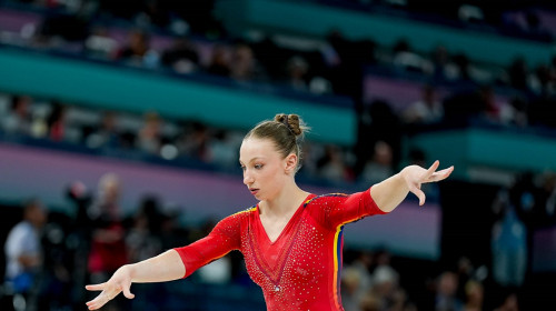 PARIS, FRANCE - AUGUST 1: Ana Barbosu of Romania on Balance Beam during the Women s All-Around Final on day six of the O