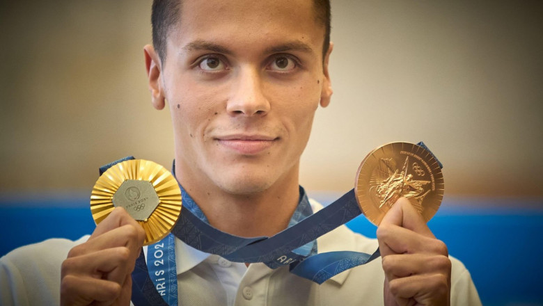 Otopeni, Romania. 2nd Aug, 2024: Romanian Olympic gold medalist swimmer David Popovici returns from Olympic Games Paris 2024 at Bucharest Henri Coanda International Airport, in Otopeni, Romania. Popovici won the gold medal in the men's 200m freestyle and