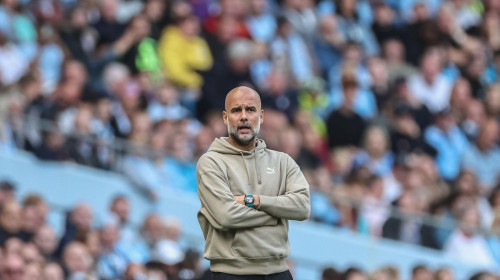 Pep Guardiola manager of Manchester City looks on during the Premier League match Manchester City vs Ipswich Town at Etihad Stadium, Manchester, United Kingdom, 24th August 2024(Photo by Mark Cosgrove/News Images)