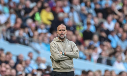 Pep Guardiola manager of Manchester City looks on during the Premier League match Manchester City vs Ipswich Town at Etihad Stadium, Manchester, United Kingdom, 24th August 2024(Photo by Mark Cosgrove/News Images)