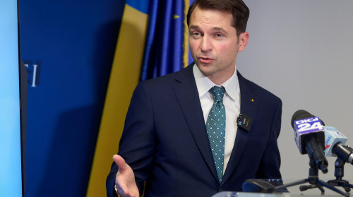 Bucharest, Romania. 1st July, 2024: Sebastian Burduja, the Romanian Minister of Energy speaks during a press conference one year after taking office, at the ministry headquarters. Credit: Lucian Alecu/Alamy Live News