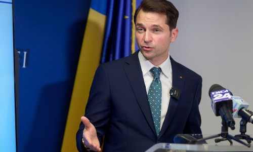 Bucharest, Romania. 1st July, 2024: Sebastian Burduja, the Romanian Minister of Energy speaks during a press conference one year after taking office, at the ministry headquarters. Credit: Lucian Alecu/Alamy Live News