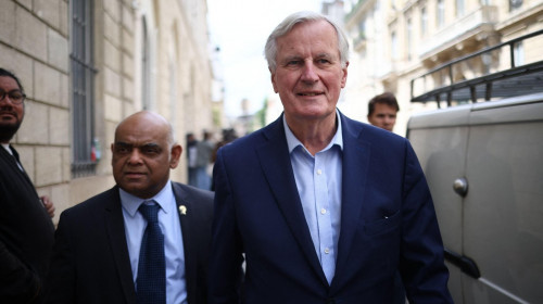 Michel Barnier arriving at extraordinary meeting of the Les Republicains LR party's bureau at Musee Social in Paris, France on June 12 2024. Photo by Raphael Lafargue/ABACAPRESS.COM