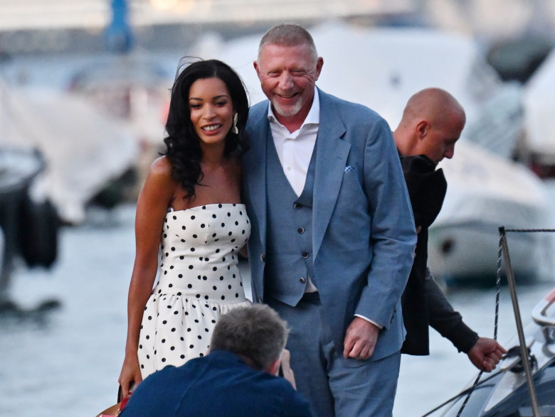 *PREMIUM-EXCLUSIVE* *MUST CALL FOR PRICING* - Tennis legend Boris Becker and Lilian de Carvalho Monteiro enjoy a pre wedding dinner with family and friends at Puny restaurant in Portofino