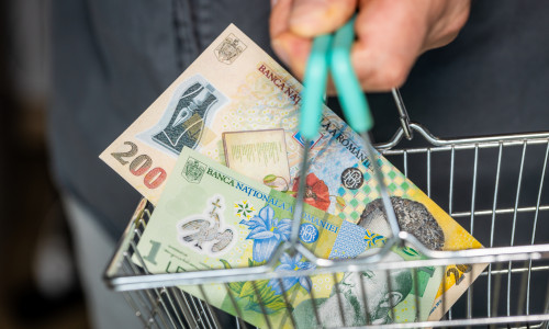 Romania,Money,In,Shopping,Cart.,A,Man,Holding,A,Basket