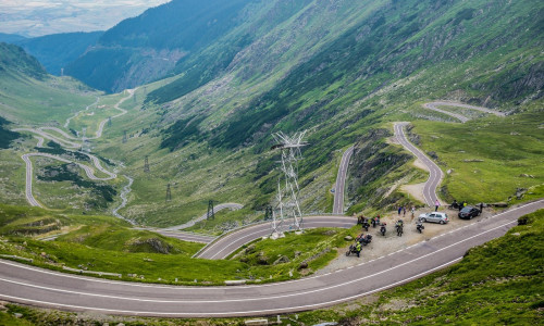 Aerial view from viewpoint of Balea Lake area on harpin turns of Transfagarasan Road in Fagaras Mountains (part of Carpathian Mountains), Romania