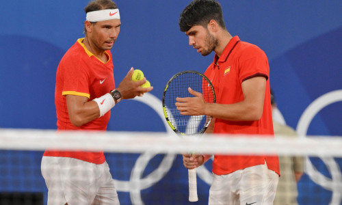 Paris, France. 31st July, 2024. Rafael Nadal and partner Carlos Alcaraz of Team Spain during the Men's Doubles match on day five of the Olympic Games Paris 2024 at Roland Garros on July 31, 2024 in Paris, France. Photo by Laurent Zabulon/ABACAPRESS.COM Cr