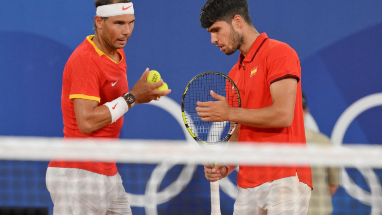 Paris, France. 31st July, 2024. Rafael Nadal and partner Carlos Alcaraz of Team Spain during the Men's Doubles match on day five of the Olympic Games Paris 2024 at Roland Garros on July 31, 2024 in Paris, France. Photo by Laurent Zabulon/ABACAPRESS.COM Cr