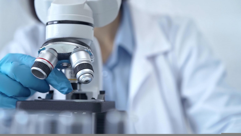 Scientist,Using,Microscope,In,Laboratory.,Close-up,Of,A,Researcher's,Hands