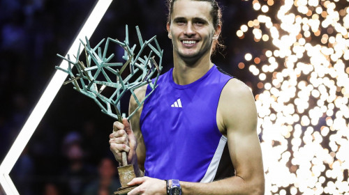 Alexander ZVEREV of Germany celebrates his victory with the trophy during the seventh day of the Rolex Paris Masters 2024, ATP Masters 1000 tennis tournament on November 03, 2024 at Accor Arena in Paris, France