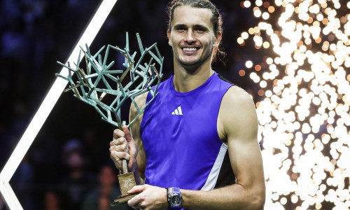 Alexander ZVEREV of Germany celebrates his victory with the trophy during the seventh day of the Rolex Paris Masters 2024, ATP Masters 1000 tennis tournament on November 03, 2024 at Accor Arena in Paris, France