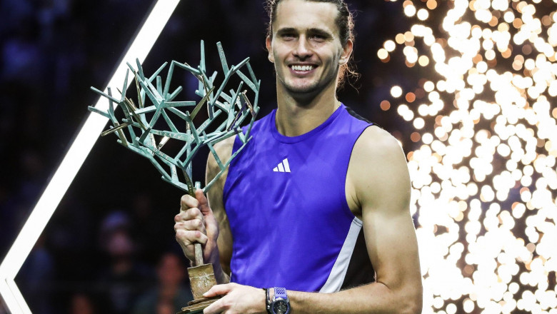 Alexander ZVEREV of Germany celebrates his victory with the trophy during the seventh day of the Rolex Paris Masters 2024, ATP Masters 1000 tennis tournament on November 03, 2024 at Accor Arena in Paris, France