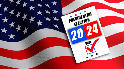 USA presidential vote 2024. USA presidential elections with flag in the background