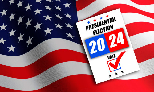 USA presidential vote 2024. USA presidential elections with flag in the background