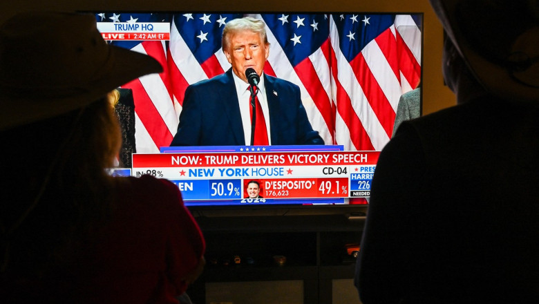 People watch President Donald Trump's victory speech