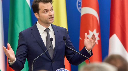 Bucharest, Romania. 3rd Sep, 2024: Sebastian Burduja, Romanian Minister of Energy, answers questions from journalists during the signing ceremony of the "Green Energy Corridor" agreement for the development and transport of Green Energy between the Govern