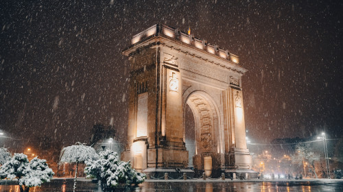 Winter,Night,In,Bucharest.,Arch,Of,Triumph,Landmark,Building,Under