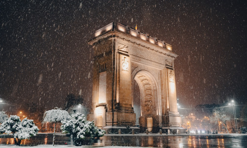 Winter,Night,In,Bucharest.,Arch,Of,Triumph,Landmark,Building,Under