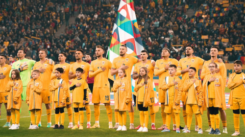 Nations League C, Group C2: Romania vs. Kosovo Romanian players sing the national anthem before the Nations League C, Gr