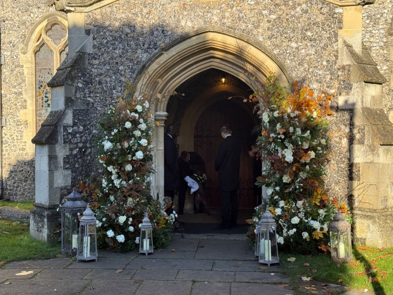 Security Staff with Sniffer Dogs at the Funeral of the Former One Direction star Liam Payne who tragically passed away aged just 31 is being held at St Mary’s Church in Amersham, Buckinghamshire.