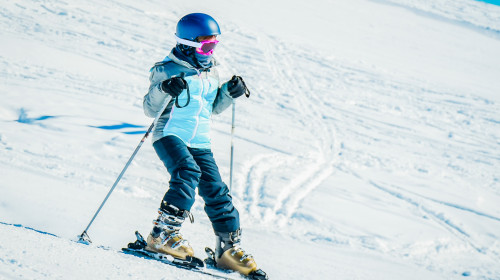 Close,Up,Cute,Little,Brave,Girl,Ski,Downhill,On,Slope