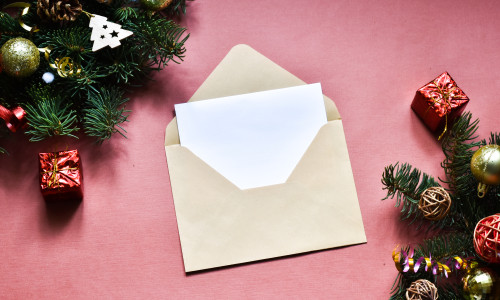 Christmas,Composition.,Envelope,,Fir,Tree,Branches,On,Pink,Background.,Christmas,