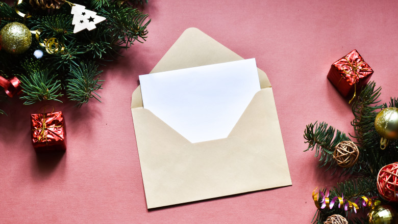 Christmas,Composition.,Envelope,,Fir,Tree,Branches,On,Pink,Background.,Christmas,