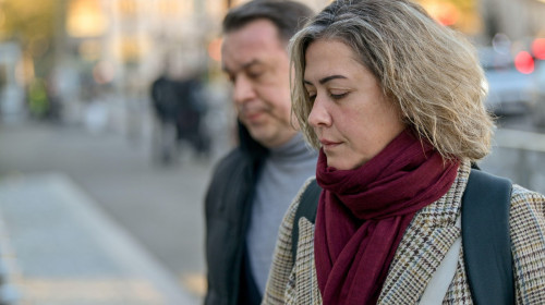 Gisele Pelicot's children Caroline Darian (R) and David arrive at the courthouse for a hearing in the trial of Dominique Pelicot accused of drugging his wife Gisele Pelicotfor nearly ten years and inviting strangers to rape her at their home in Mazan, a s