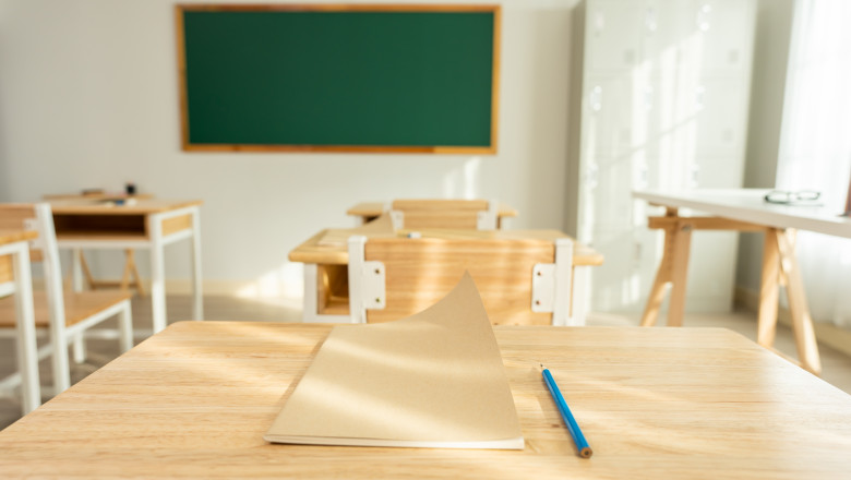 Shot,Of,Empty,Classroom,With,Chairs,Under,Desks,In,Elementary