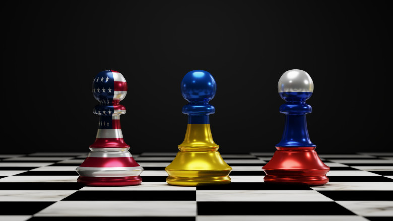 Ukraine,Flag,On,Chess,Between,Usa,And,Russia,On,Chess