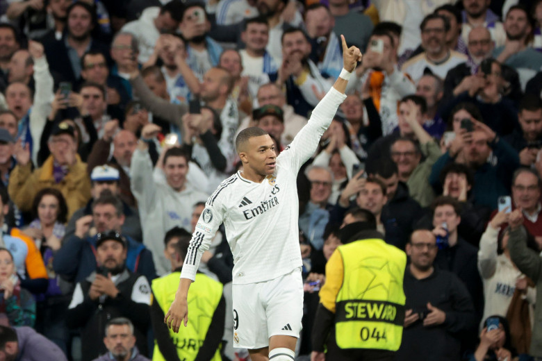 Kylian Mbappe of Real Madrid celebrates his third goal during the UEFA Champions League, knockout phase play-offs, 2nd leg football match between Real Madrid CF and Manchester City on February 19, 2025 at Estadio Santiago Bernabeu stadium in Madrid, Spain