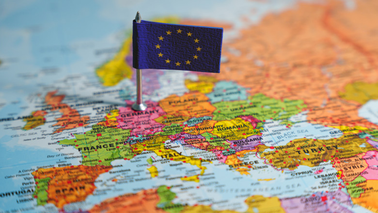European,Union,Flag,On,Europe,Map.,High,Quality,Photo