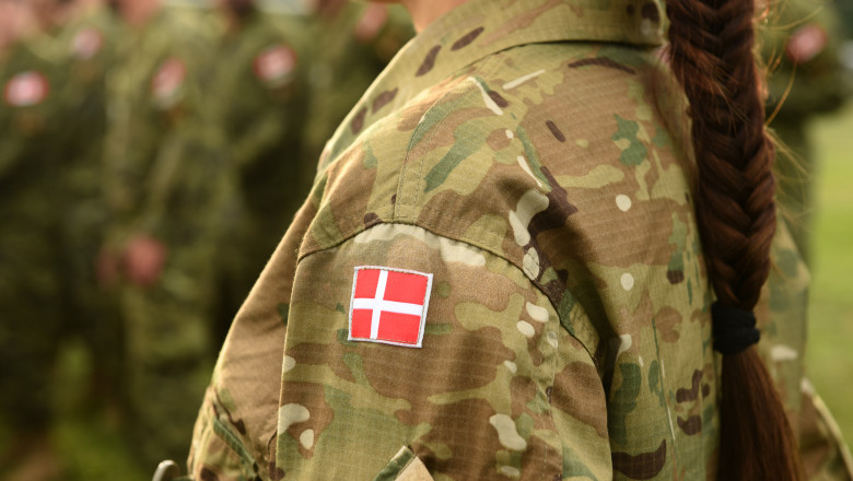 Woman,Soldier.,Woman,In,Army.,Flag,Of,Denmark,On,Soldiers