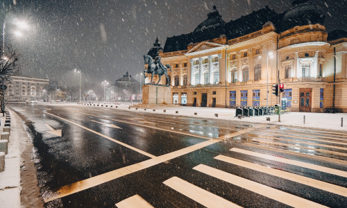 Winter,Night,In,Bucharest.,Central,University,Library,Carol,I,Landmark