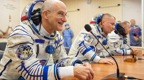 Baikonur, Kazakhstan. 11 September, 2024. Expedition 72 crew members: NASA astronaut Don Pettit, left, Roscosmos cosmonauts Alexey Ovchinin, center, and Ivan Vagner, talk to family on launch day at the Baikonur Cosmodrome, September 11, 2024, in Baikonur,