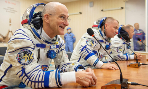 Baikonur, Kazakhstan. 11 September, 2024. Expedition 72 crew members: NASA astronaut Don Pettit, left, Roscosmos cosmonauts Alexey Ovchinin, center, and Ivan Vagner, talk to family on launch day at the Baikonur Cosmodrome, September 11, 2024, in Baikonur,