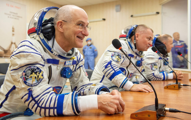 Baikonur, Kazakhstan. 11 September, 2024. Expedition 72 crew members: NASA astronaut Don Pettit, left, Roscosmos cosmonauts Alexey Ovchinin, center, and Ivan Vagner, talk to family on launch day at the Baikonur Cosmodrome, September 11, 2024, in Baikonur,