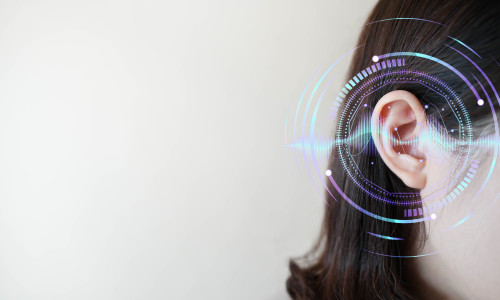 Ear,Of,Young,Woman,With,Sound,Waves,Simulation,Technology.,Concept