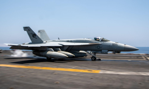 250411-N-FS097-1140 U.S. CENTRAL COMMAND AREA OF OPERATIONS (April 11, 2025) An F/A-18E Super Hornet, attached to Strike Fighter Squadron (VFA) 113, launches from the flight deck of the Nimitz-class aircraft carrier USS Carl Vinson (CVN 70) during flight
