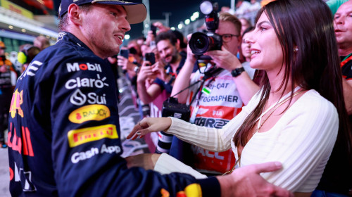 VERSTAPPEN Max (ned), Red Bull Racing RB19, 3-Time F1 World Champion Celebration with Kelly Piquet during the 2023 Formu