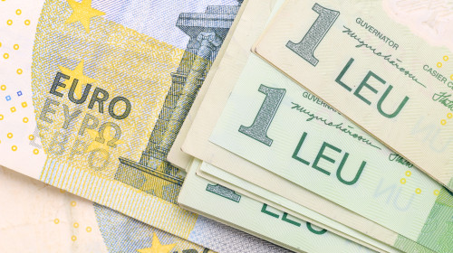 Close-up,Of,Mixed,Euro,And,Romanian,Leu,Banknotes.