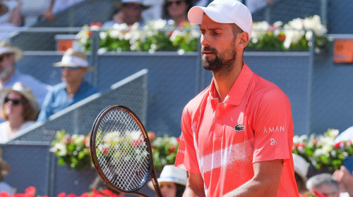 Novak Djokovic of Serbia in action against Matteo Arnaldi the Mutua Madrid Open at La Caja Magica on April 26, 2025 in Madrid, Spain